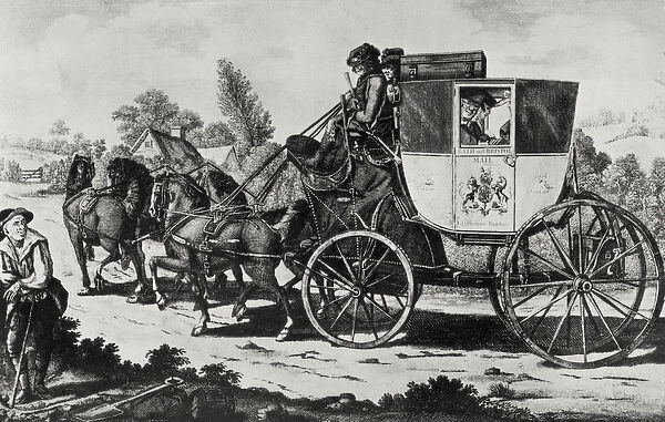 The First Mail Coach, 1784 (engraving) (b&w photo)
