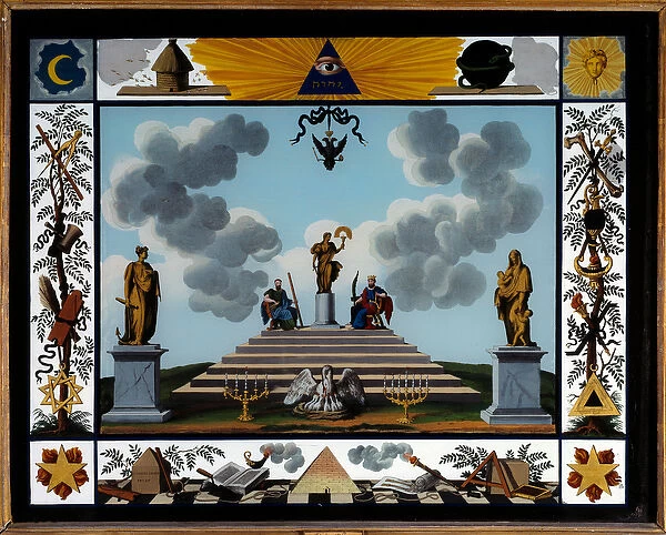 Franc Maconnerie: Maconnic attributes fixed under glass of the first empire (19th century