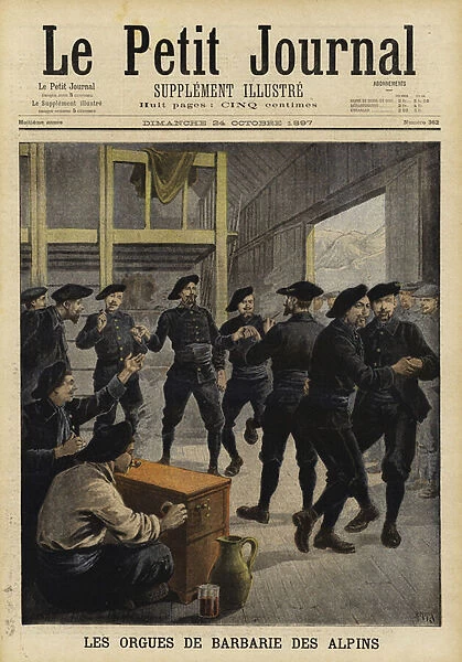 French mountain troops dancing to a barrel organ (colour litho)