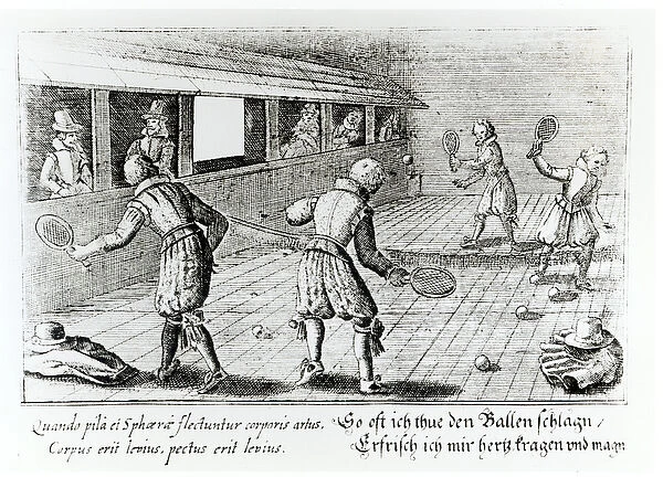 A Game of Real Tennis with Sport Ballads below (engraving) (b&w photo)