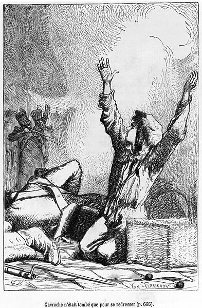 Gavroche had fallen only to rise again, illustration from Les Miserables by Victor Hugo (1802-85) engraved by Jules Leon Perrichon (1836-97) (engraving) (b  /  w photo)