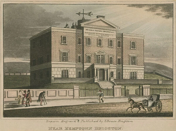General view of the Sussex County Hospital (coloured engraving)