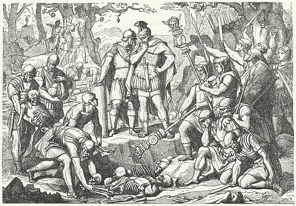 Germanicus burying the bones of soldiers of the three Roman legions commanded by Publius Quinctilius Varus destroyed by the Germans at the Battle of Teutoburg Forest in 9 BC (engraving)