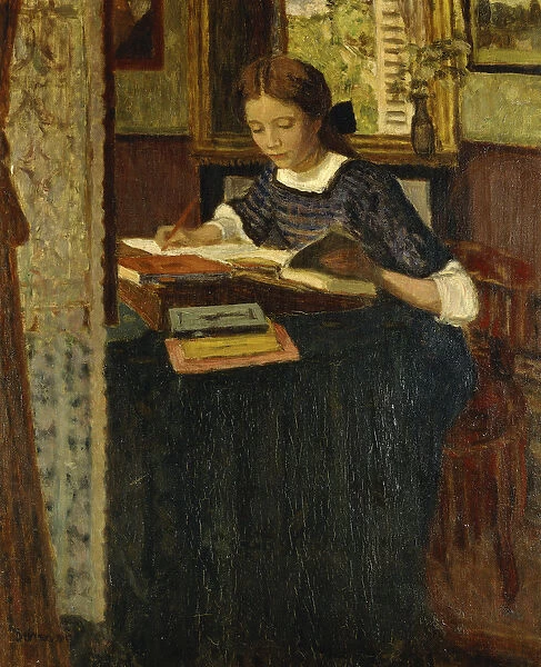 Girl Writing; Jeune Fille Ecrivant, (oil on canvas)