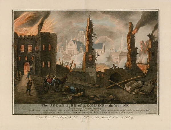The Great Fire of London in 1666 (coloured engraving)