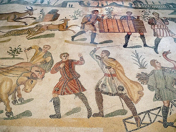 The Great Hunting Part, detail, Villa Romana del Casale, Piazza Armerina, Italy, 315-350 AD (mosaic)