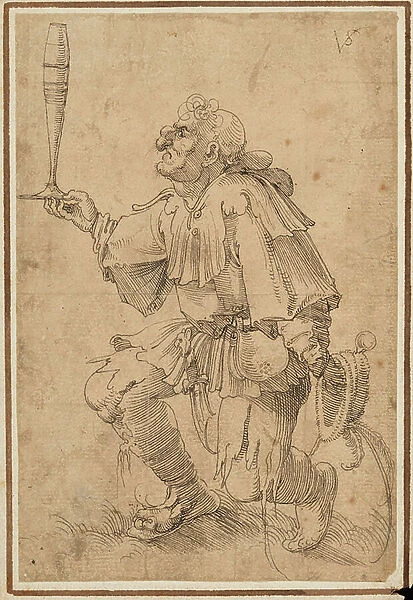 A grotesque man kneeling, holding a tall beer glass at its base, 1529-62 (pen and dark brown ink on paper)