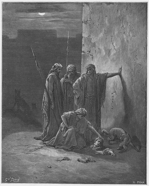 Gustave Dore Bible: Jehus companions finding the remains of Jezebel (engraving)