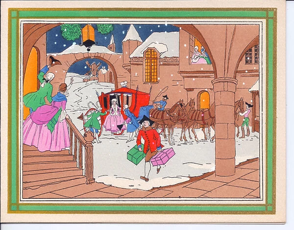 A hand-coloured French Pochoir Christmas card of a guest alighting from her carriage