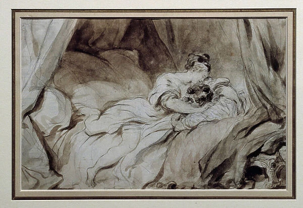 The happy moment A couple stroking each other in a bed. Drawing in the Bistre Wash by
