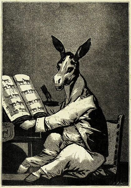 Hasta su abuelo (until his helper), illustrating the cover of Victor Hugos poem collection 'L Ane', Mouillot edition, late 19th century (engraving)