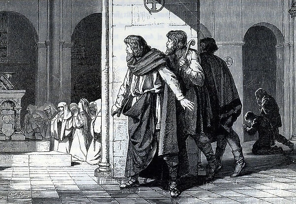Henry V of the Holy Roman Empire, spying on Mathilde, illustration from Germania by Johannes Scherr, 1880 (engraving)