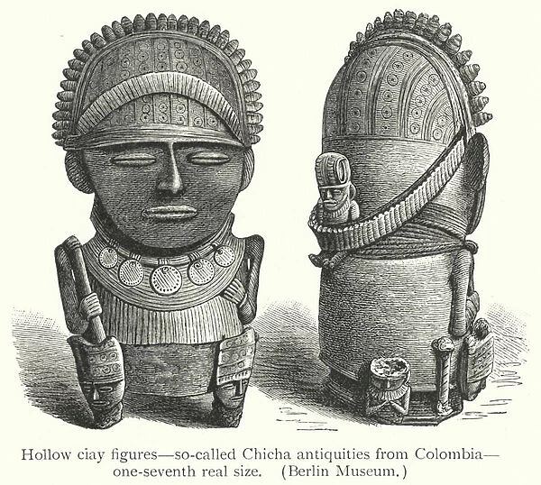 Hollow ciay figures, so-called Chicha antiquities from Colombia (engraving)