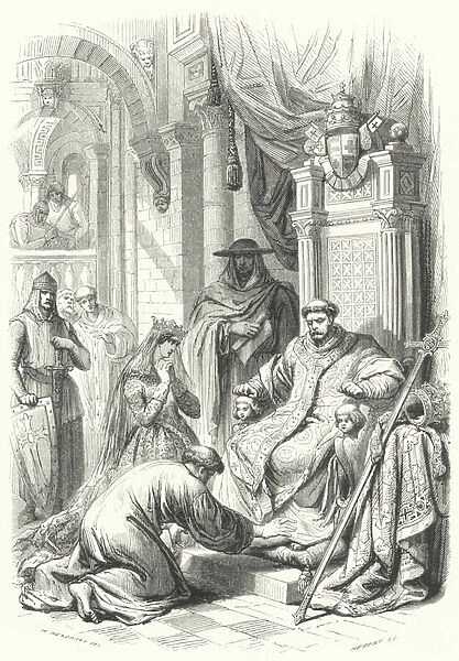 The Holy Roman Emperor Henry IV begging for the forgiveness of Pope Gregory VII at Canossa Castle, Italy, 1077 (engraving)