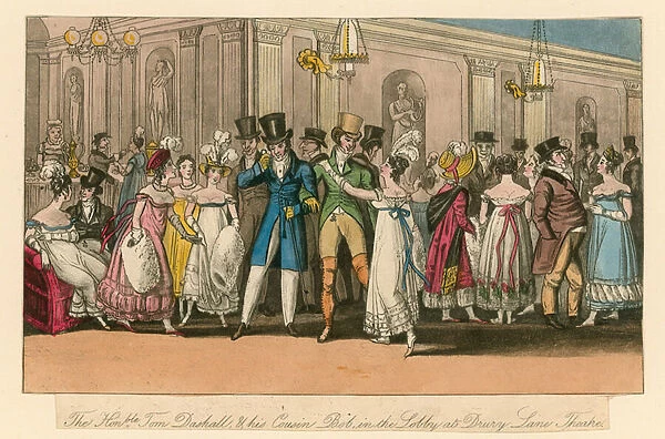 The Honourable Tom Dashall and his cousin Bob in the lobby at Drury Lane Theatre, London (coloured engraving)