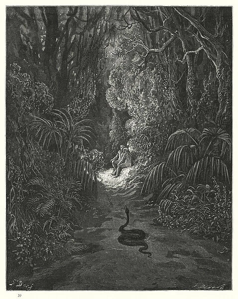 Illustration by Gustave Dore for Miltons Paradise Lost, Book IX, lines 434, 435 (engraving)