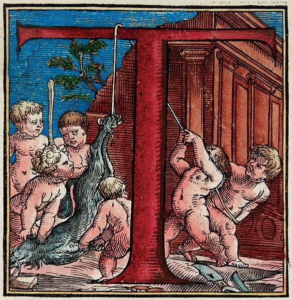 Initial T, detail from a page of De Humani Corporis Fabrica Libri Septem