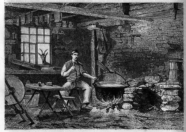 Interior of a cheese factory in the Vosges. Engraving in '