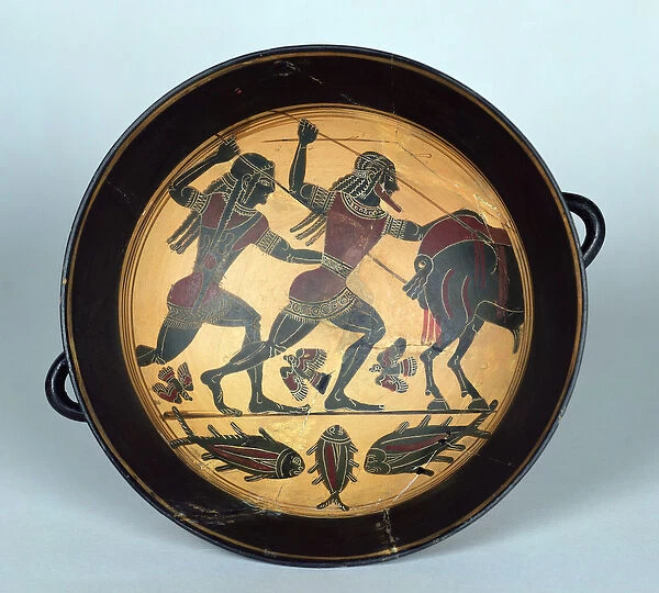 Interior of a cup depicting the hunt for the Boar of Calydon, Laconian, c
