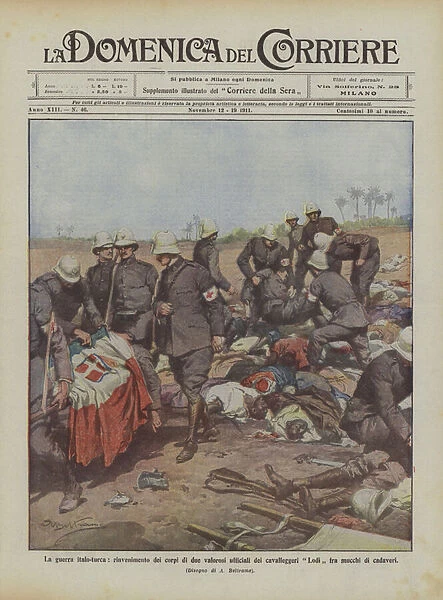 The Italo-Turkish War, the discovery of the bodies of two valiant officers of the Lodi cavalry between... (colour litho)