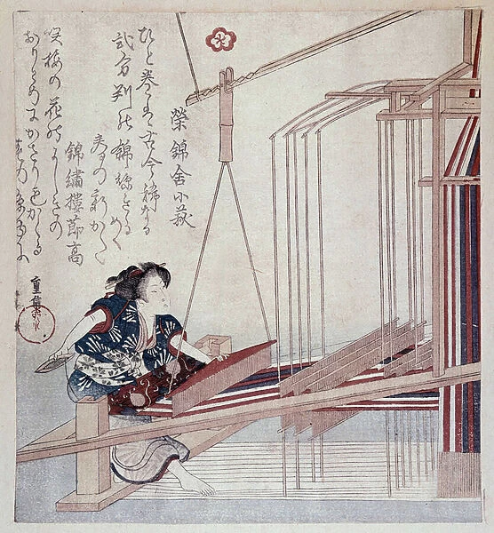 Japanese weaving loom, late 19th century print