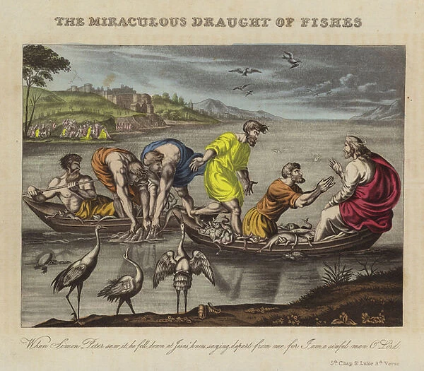 Jesus Christ and the miraculous draught of fishes (coloured engraving)