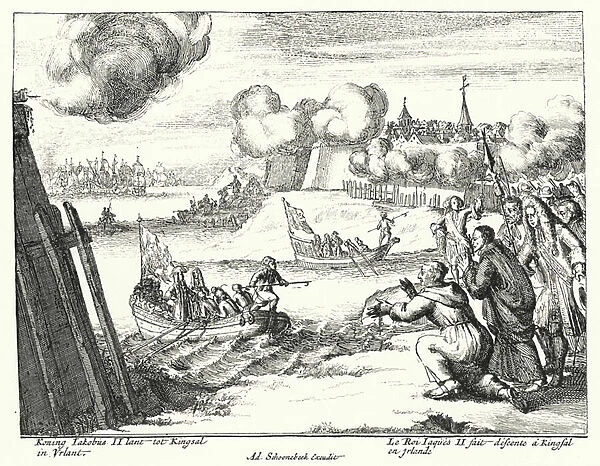 King James II of England landing at Kinsale, Ireland, 1689 (engraving)