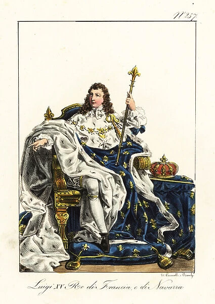King Louis XV of France, on his throne with crown and scepter. 1825 (lithograph)