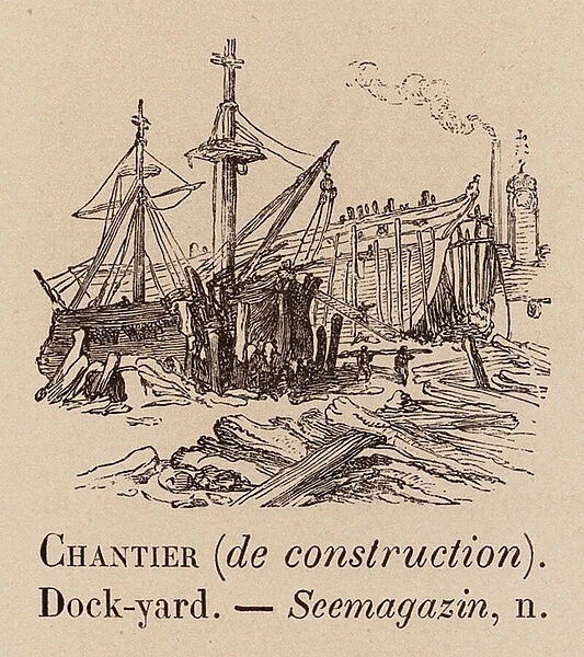 Le Vocabulaire Illustre: Chantier (de construction); Dock-yard; Seemagazin (engraving)