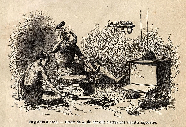 Lets blacksmiths in front of their forge in Yedo (or Edo, imperial capital