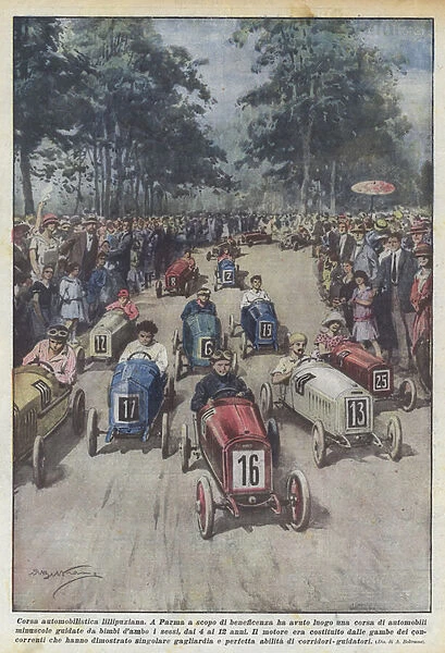 Lilliputian car race (colour litho)