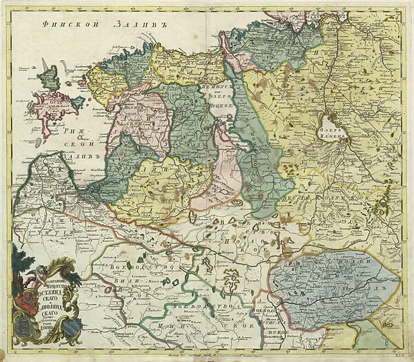 Map of Estonia and Livonia - Anonymous master - 1745 - Copper engraving, watercolour - Academy of Sciences, Saint Petersburg