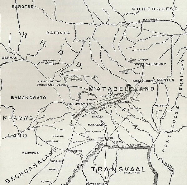 Map of Matabeleland in the late 19th century, from South Africa and the Transvaal War: Vol. 1 by Louis Creswicke, published 1900 (litho)