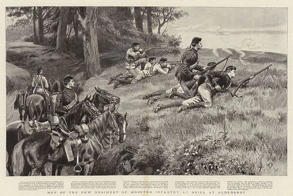 Men of the New Regiment of Mounted Infantry at Drill at Aldershot (engraving)