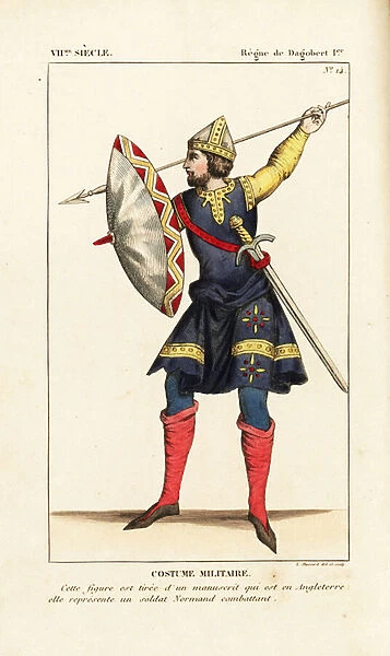 Military costume of a Norman soldier (or Saxon), 12th century, from a manuscript in England. He wears a tunic with sleeves, stockings, shoes, and is armed with a lance, buckler (shield), sword and helmet