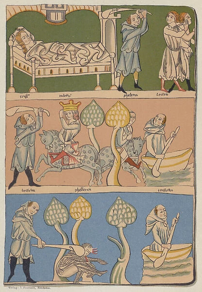Miniatures from Gottfried von Strassburgs 13th Century Munich manuscript of Tristan und Isolde (colour litho)