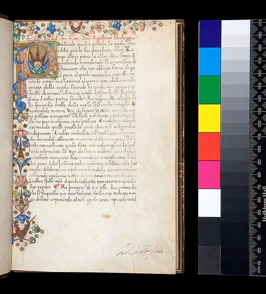 Ms 140. Augustine, Regula with commentary of Hugh of St Victor, in Italian transl. by Giovanni da Salerno, f. 1r. Illuminated initial [P] and floral border, 15th Century (parchment)