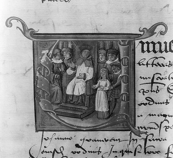 Ms Lat 5969 Historiated initial A depicting the trial of Joan of Arc (1412-31