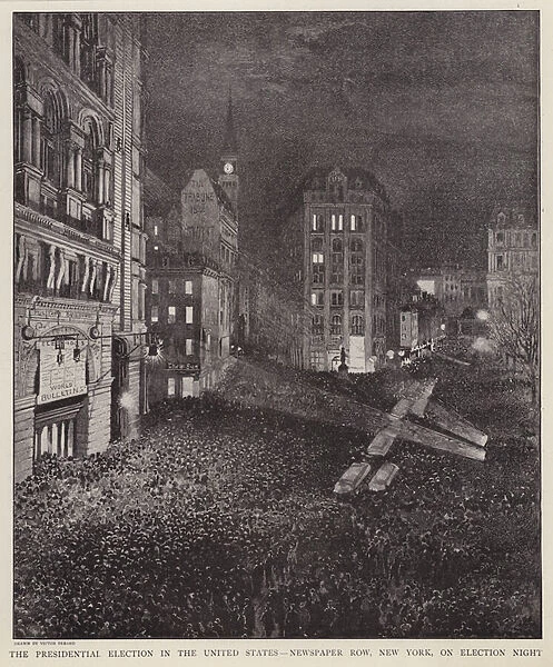 Newspaper Row, New York City, on the night of the US presidential election, 8 November 1892 (litho)