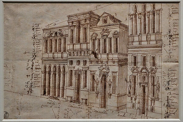 The Olympic Theatre, Vicenza, study of the right side, 1584 (ink, pen and brush on paper)