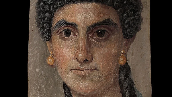 Panel painting of a woman in a blue mantle (detail), 54-68 AD (encaustic on wood)