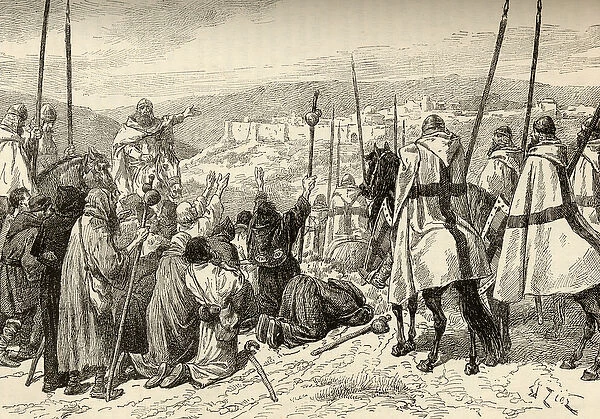 Pilgrims under escort of Knights Templar in front of Jerusalem in the 12th century