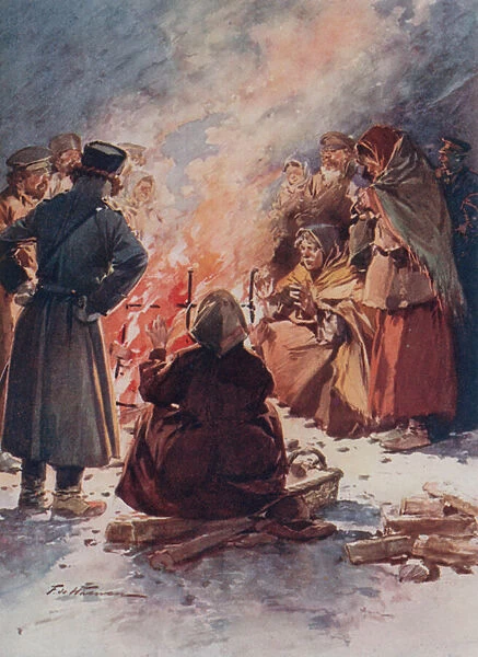 The Poor of Moscow warming themselves at Street Fires in Winter (colour litho)