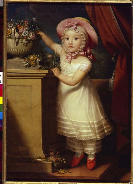 Portrait de Ekaterina Dmitrievna Obreskova (1822-1874). (Portrait of Ekaterina Dmitrievna Obreskova). Une petite fille, elegante et precieuse, se hisse sur la pointe des pieds pour attraper quelques fleurs d un bouquet