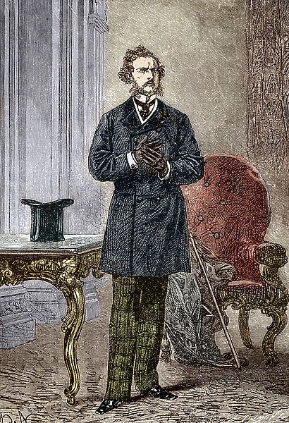 Portrait of Phileas Fogg, character of Le tour du monde en eighty jours' novel d'aventures by Jules Verne illustrated by Louis Paul Pierre Dumont (1822-1882) in 1872 (Phileas Fogg from frontispiece of ")