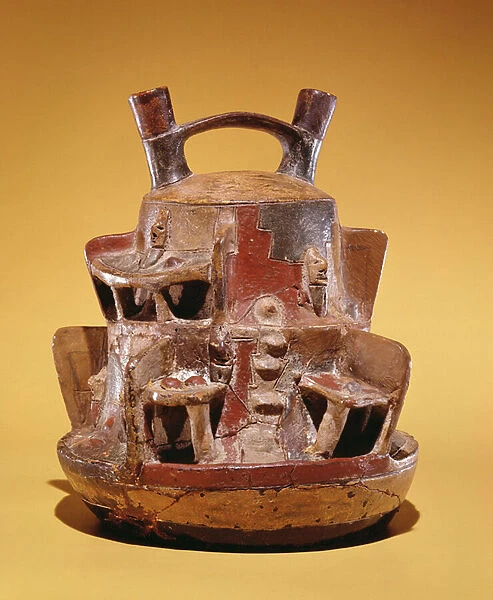 Pottery vessel depicting houses nestled into the Andes (earthenware)
