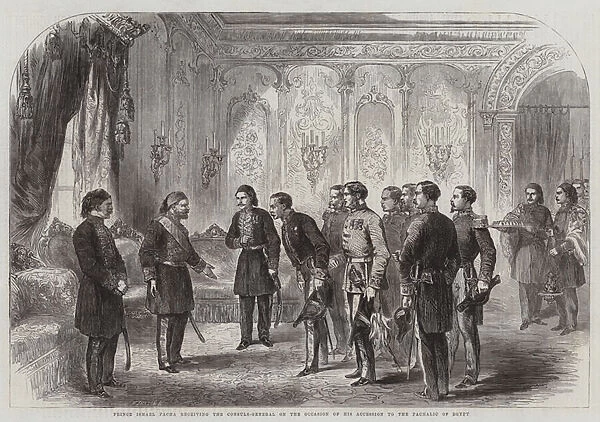Prince Ismael Pacha receiving the Consuls-General on the Occasion of his Accession to the Pachalic of Egypt (engraving)