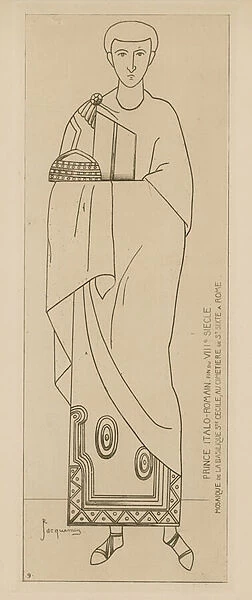 Prince Italo-Romaine. Fin du VIIIe siecle. Mosaique de la Basilique Ste Cecile, au cimetiere de St sixte a Rome. (engraving)
