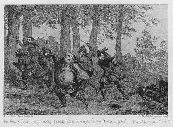 The Prince and Poins driving Falstaff, Gadshill, Peto and Bardolph, from their Plunder at Gadshill (engraving)