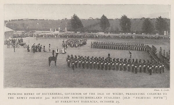 Princess Henry of Battenberg, Governor of the Isle of Wight, presenting Colours to the Newly Formed 3rd Battalion Northumberland Fusiliers (Old 'Fighting Fifth') at Parkhurst Barracks, 25 October (b  /  w photo)